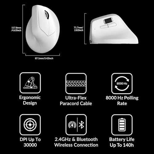 Keychron M5 Kabellose Vertikalmaus (47°) – 8K Polling Rate, PAW3950-Sensor 30.000 DPI, 3-Fach Konnektivität (2.4G/Bluetooth/USB-C), bis zu 140h Akkulaufzeit, Programmierbar, Für Windows/Mac Bild 7