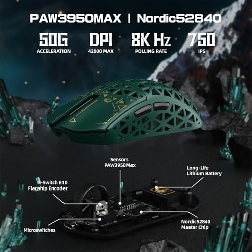 MAMBASNAKE M5 Ultra Carbon Fiber 8000Hz Kabellose Gaming-Maus mit Bis zu 42000 DPI, PAW3950MAX Sensor, 39g Ultraleicht, Nordic 52840 Chip, 2.4GHz Wireless/BT/Kabelgebunden, für PC/Xbox/PS/Mac – Grün Bild 3