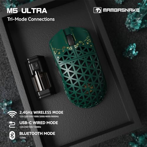 MAMBASNAKE M5 Ultra Carbon Fiber 8000Hz Kabellose Gaming-Maus mit Bis zu 42000 DPI, PAW3950MAX Sensor, 39g Ultraleicht, Nordic 52840 Chip, 2.4GHz Wireless/BT/Kabelgebunden, für PC/Xbox/PS/Mac – Grün Bild 5