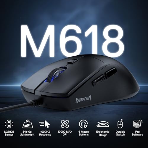 Redragon M618 Kabelgebundene Gaming-Maus, 10000 DPI optische ergonomische Maus mit 6 programmierbaren Tasten, 84G Ultraleicht, Software unterstützt DIY-Tastenkombinationen, Schwarz Bild 2