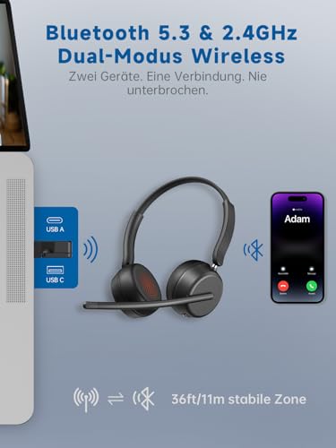 syndesmos Wireless Headset mit Mikrofon, Headset Bluetooth Mehrpunktverbindung, Verstellbarer Headset Kabellos, PC-Headset, Office Headsets für Business, Callcenter, Zoom, Teams (Schwarz) Bild 2