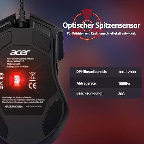 Acer Gaming Maus mit Kabel 12800 DPI, Wired Computer Mouse Gaming mit Treiber, 1000Hz Abfragerate und 8 Programmierbare Tasten, Schnellfeuertaste und RGB-Leuchten, PC Maus Gaming Ideal für PC/Laptop Bild 2