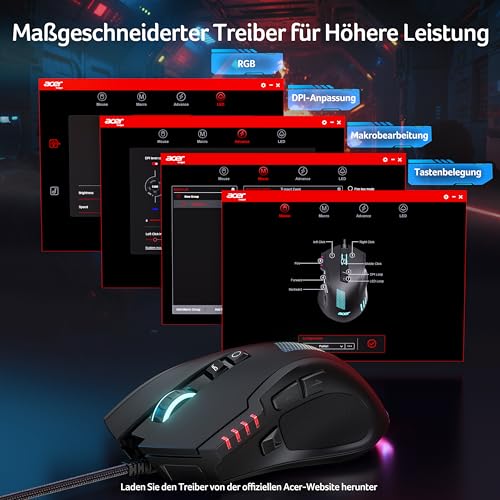Acer Gaming Maus mit Kabel 12800 DPI, Wired Computer Mouse Gaming mit Treiber, 1000Hz Abfragerate und 8 Programmierbare Tasten, Schnellfeuertaste und RGB-Leuchten, PC Maus Gaming Ideal für PC/Laptop Bild 6