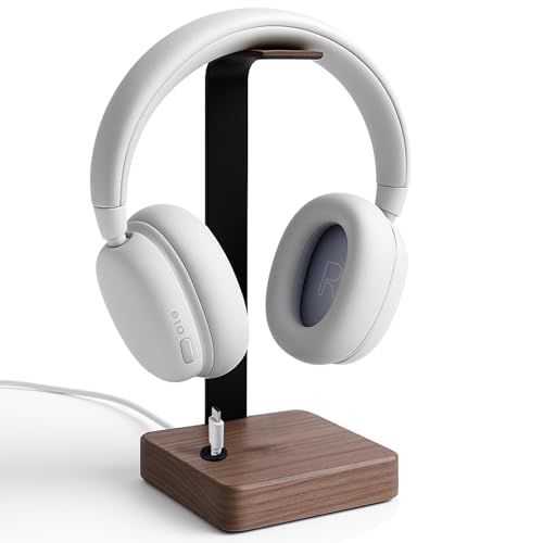 Headset Halterung aus Nussbaumholz – Kopfhörer Halterung mit schwerem Stahlblech & Lederauflage – Kopfhörer Halter Holz mit Kabeldurchführung – Schreibtisch Zubehör & Kopfhörer Ständer Bild 1