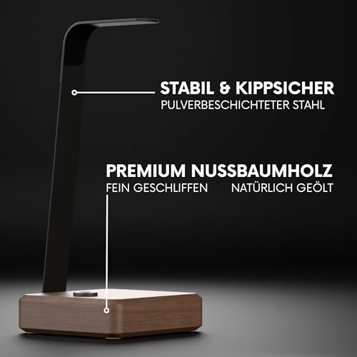 Headset Halterung aus Nussbaumholz – Kopfhörer Halterung mit schwerem Stahlblech & Lederauflage – Kopfhörer Halter Holz mit Kabeldurchführung – Schreibtisch Zubehör & Kopfhörer Ständer Bild 2
