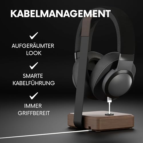 Headset Halterung aus Nussbaumholz – Kopfhörer Halterung mit schwerem Stahlblech & Lederauflage – Kopfhörer Halter Holz mit Kabeldurchführung – Schreibtisch Zubehör & Kopfhörer Ständer Bild 3
