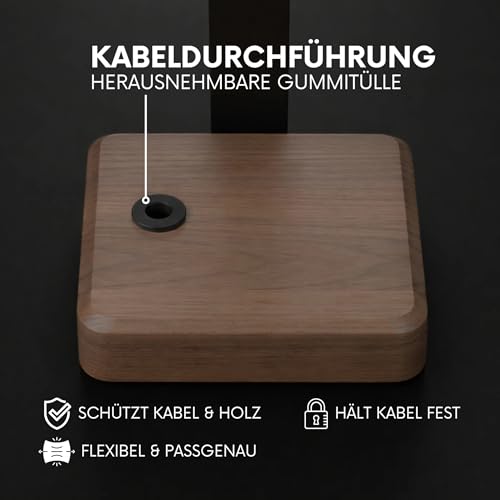 Headset Halterung aus Nussbaumholz – Kopfhörer Halterung mit schwerem Stahlblech & Lederauflage – Kopfhörer Halter Holz mit Kabeldurchführung – Schreibtisch Zubehör & Kopfhörer Ständer Bild 4