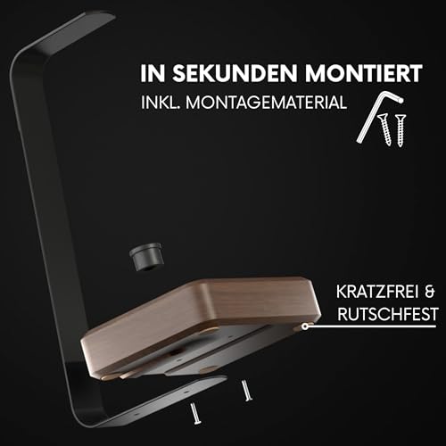 Headset Halterung aus Nussbaumholz – Kopfhörer Halterung mit schwerem Stahlblech & Lederauflage – Kopfhörer Halter Holz mit Kabeldurchführung – Schreibtisch Zubehör & Kopfhörer Ständer Bild 6