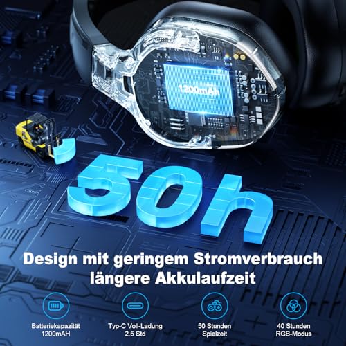 Fachixy FC200 Wireless Gaming Headset, 2.4GHz Bluetooth 5.4 Headset mit Mikrofon für PS5, PS4, PC, Switch, Gaming Kopfhörer Kabellos, Geringe Latenz Noise Cancelling, mit LED Licht, 50H Akkulaufzeit Bild 5