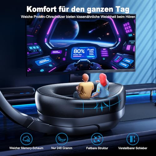 Fachixy FC200 Wireless Gaming Headset, 2.4GHz Bluetooth 5.4 Headset mit Mikrofon für PS5, PS4, PC, Switch, Gaming Kopfhörer Kabellos, Geringe Latenz Noise Cancelling, mit LED Licht, 50H Akkulaufzeit Bild 6