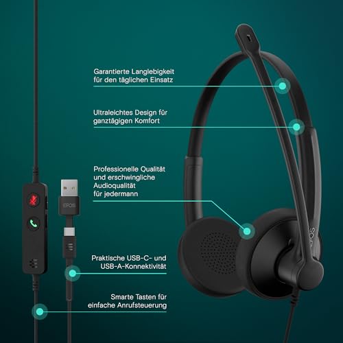 EPOS Impact 100 UC Stereo USB-C+A Headset mit Mikrofon, Universal Communications, Geräuschunterdrückung, Leichtgewicht, USB-Adapter, UC Professionell Kopfhörer, Ohrpolster weich, Schwarz Bild 2