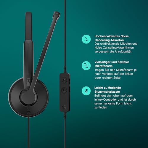 EPOS Impact 100 UC Stereo USB-C+A Headset mit Mikrofon, Universal Communications, Geräuschunterdrückung, Leichtgewicht, USB-Adapter, UC Professionell Kopfhörer, Ohrpolster weich, Schwarz Bild 3