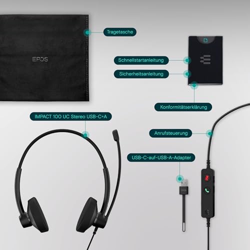 EPOS Impact 100 UC Stereo USB-C+A Headset mit Mikrofon, Universal Communications, Geräuschunterdrückung, Leichtgewicht, USB-Adapter, UC Professionell Kopfhörer, Ohrpolster weich, Schwarz Bild 5
