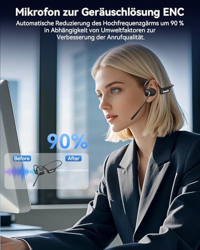 Bluetooth-Kopfhörer mit Mikrofon, offene Ohr Kopfhörer w/Geräuschdämpfungsmikrofon für Telefon PC Computer Laptop, leichtes und Komfortables drahtloses Kopfhörer für Büro Fahren Arbeiten Bild 3