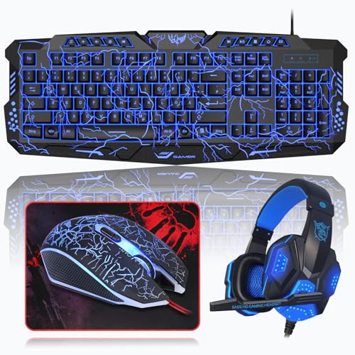 Gaming Tastatur und Maus Set mit Headset, QWERTZ DE Layout, Crack Beleuchtete Tastatur, 4 Farben LED Gaming Maus, Over-Ear Kopfhörer, Große Mausmatte, 4 in 1 PC Set für Mac PS5 Xbox Bild 1