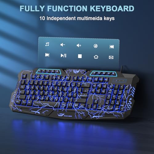 Gaming Tastatur und Maus Set mit Headset, QWERTZ DE Layout, Crack Beleuchtete Tastatur, 4 Farben LED Gaming Maus, Over-Ear Kopfhörer, Große Mausmatte, 4 in 1 PC Set für Mac PS5 Xbox Bild 3
