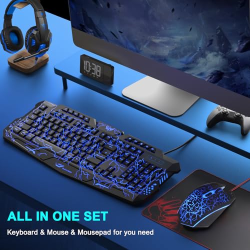 Gaming Tastatur und Maus Set mit Headset, QWERTZ DE Layout, Crack Beleuchtete Tastatur, 4 Farben LED Gaming Maus, Over-Ear Kopfhörer, Große Mausmatte, 4 in 1 PC Set für Mac PS5 Xbox Bild 6