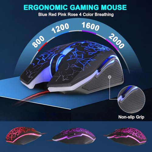 Gaming Tastatur und Maus Set mit Headset, QWERTZ DE Layout, Crack Beleuchtete Tastatur, 4 Farben LED Gaming Maus, Over-Ear Kopfhörer, Große Mausmatte, 4 in 1 PC Set für Mac PS5 Xbox Bild 7