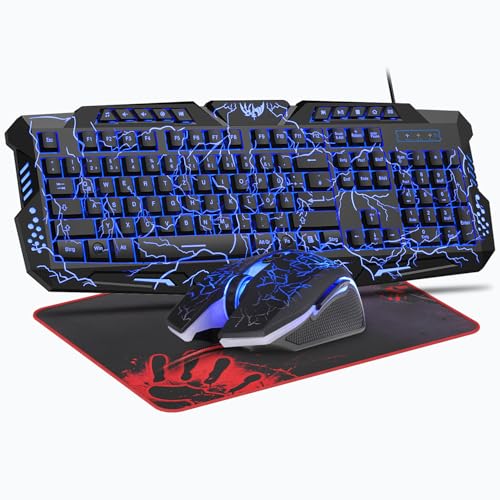 Gaming Tastatur und Maus Set, QWERTZ DE 114 Tasten Layout, LED Hintergrundbeleuchtete Kabelgebundene Tastatur, Ergonomische 4 Farbige Gaming Maus, Großes Mauspad, USB für PC PS5 Xbox Bild 1