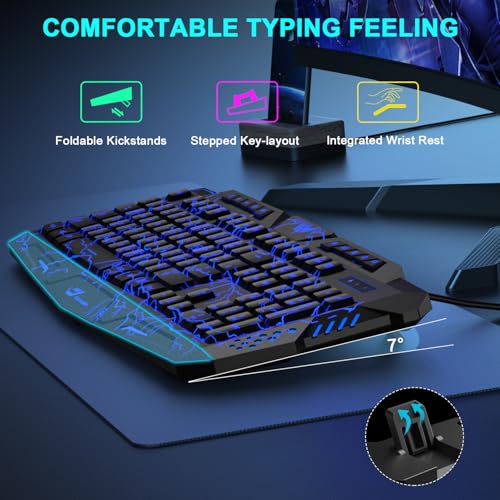 Gaming Tastatur und Maus Set, QWERTZ DE 114 Tasten Layout, LED Hintergrundbeleuchtete Kabelgebundene Tastatur, Ergonomische 4 Farbige Gaming Maus, Großes Mauspad, USB für PC PS5 Xbox Bild 4