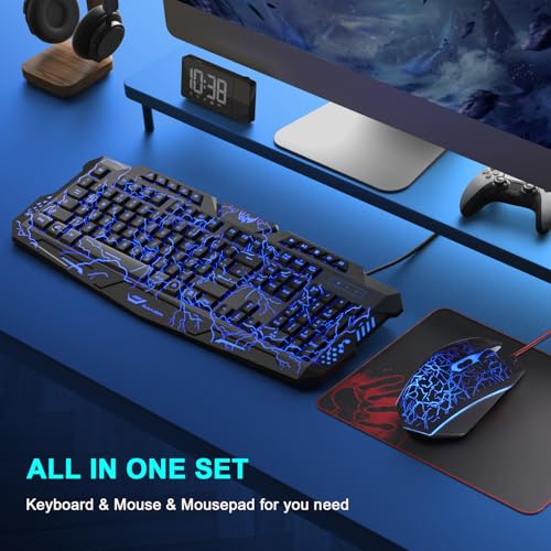 Gaming Tastatur und Maus Set, QWERTZ DE 114 Tasten Layout, LED Hintergrundbeleuchtete Kabelgebundene Tastatur, Ergonomische 4 Farbige Gaming Maus, Großes Mauspad, USB für PC PS5 Xbox Bild 6