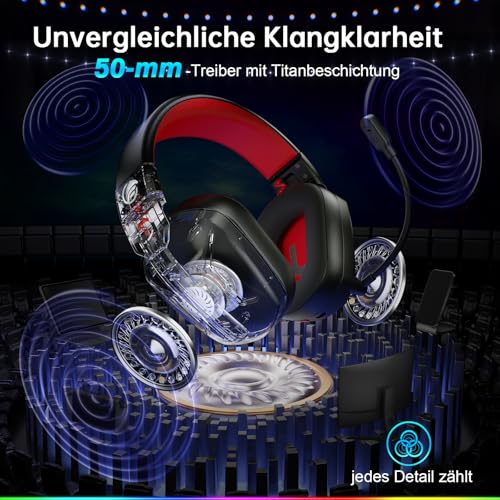 Fachixy FC-300 Gaming Headset mit Mikrofon, 2,4G Wireless Headset für PS5, PS4, PC, Switch, Mac, Surround Sound Faltbarer Bluetooth Gaming Kopfhörer kabellos mit LED Licht, Über 50H+ Akkulaufzeit Bild 2
