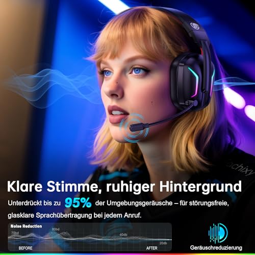 Fachixy FC-300 Gaming Headset mit Mikrofon, 2,4G Wireless Headset für PS5, PS4, PC, Switch, Mac, Surround Sound Faltbarer Bluetooth Gaming Kopfhörer kabellos mit LED Licht, Über 50H+ Akkulaufzeit Bild 3