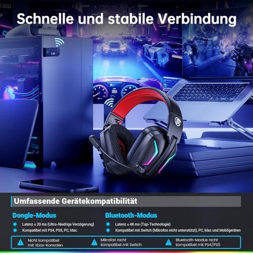 Fachixy FC-300 Gaming Headset mit Mikrofon, 2,4G Wireless Headset für PS5, PS4, PC, Switch, Mac, Surround Sound Faltbarer Bluetooth Gaming Kopfhörer kabellos mit LED Licht, Über 50H+ Akkulaufzeit Bild 4