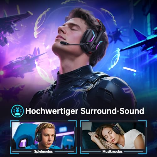 Fachixy FC-300 Gaming Headset mit Mikrofon, 2,4G Wireless Headset für PS5, PS4, PC, Switch, Mac, Surround Sound Faltbarer Bluetooth Gaming Kopfhörer kabellos mit LED Licht, Über 50H+ Akkulaufzeit Bild 6