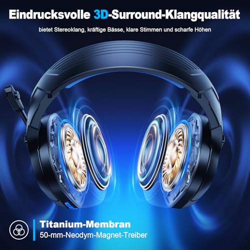Fachixy FC200 Wireless Gaming Headset, 2.4GHz Bluetooth 5.4 Headset mit Mikrofon für PS5, PS4, PC, Switch, Gaming Kopfhörer Kabellos, Geringe Latenz Noise Cancelling, mit LED Licht, 50H Akkulaufzeit Bild 2