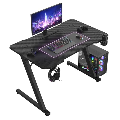 JUMMICO JUMMCO Gaming-Tisch, Gaming-Tisch mit Becherhalter und Headset-Halter, 2 professionelle Kabelführungslöcher, Tischplatte aus Kohlefaser, hochwertiges schwarzes Metallgestell 80x52 cm Bild 1