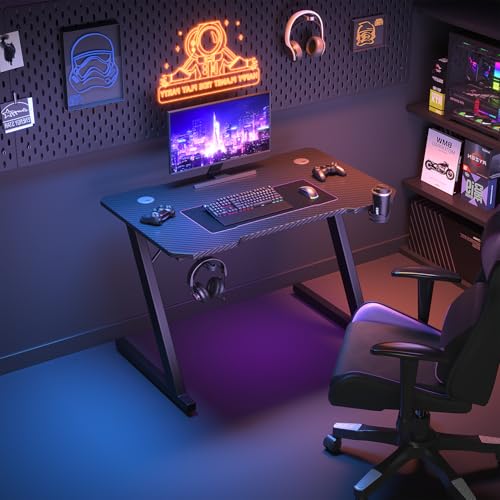 JUMMICO JUMMCO Gaming-Tisch, Gaming-Tisch mit Becherhalter und Headset-Halter, 2 professionelle Kabelführungslöcher, Tischplatte aus Kohlefaser, hochwertiges schwarzes Metallgestell 80x52 cm Bild 2