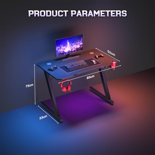 JUMMICO JUMMCO Gaming-Tisch, Gaming-Tisch mit Becherhalter und Headset-Halter, 2 professionelle Kabelführungslöcher, Tischplatte aus Kohlefaser, hochwertiges schwarzes Metallgestell 80x52 cm Bild 3