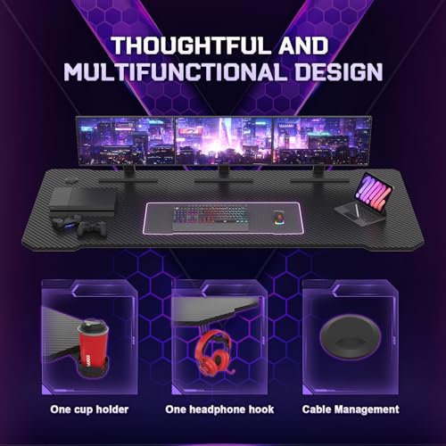JUMMICO JUMMCO Gaming-Tisch, Gaming-Tisch mit Becherhalter und Headset-Halter, 2 professionelle Kabelführungslöcher, Tischplatte aus Kohlefaser, hochwertiges schwarzes Metallgestell 80x52 cm Bild 4