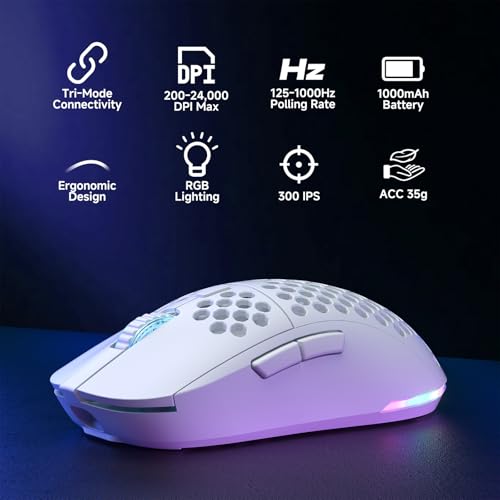 Dierya x TMKB M1 Kabellose Gaming Maus, 24.000 DPI Optischer Sensor, 90g Leichtgewicht, 6 Programmierbare Tasten, RGB Beleuchtung, 180h Akkulaufzeit, 2.4GHz/Bluetooth/USB-C Computer Maus, Weiß Bild 2