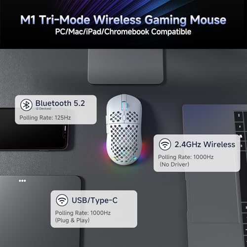 Dierya x TMKB M1 Kabellose Gaming Maus, 24.000 DPI Optischer Sensor, 90g Leichtgewicht, 6 Programmierbare Tasten, RGB Beleuchtung, 180h Akkulaufzeit, 2.4GHz/Bluetooth/USB-C Computer Maus, Weiß Bild 3