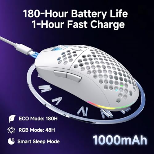 Dierya x TMKB M1 Kabellose Gaming Maus, 24.000 DPI Optischer Sensor, 90g Leichtgewicht, 6 Programmierbare Tasten, RGB Beleuchtung, 180h Akkulaufzeit, 2.4GHz/Bluetooth/USB-C Computer Maus, Weiß Bild 5