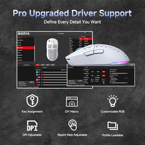 Dierya x TMKB M1 Kabellose Gaming Maus, 24.000 DPI Optischer Sensor, 90g Leichtgewicht, 6 Programmierbare Tasten, RGB Beleuchtung, 180h Akkulaufzeit, 2.4GHz/Bluetooth/USB-C Computer Maus, Weiß Bild 7