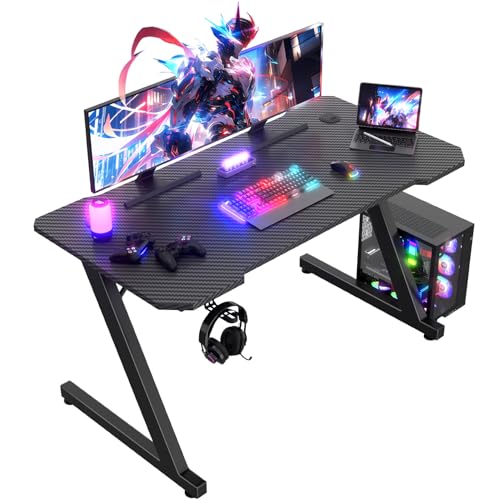 JUMMICO JUMMCO Gaming-Tisch, Gaming-Tisch mit Becherhalter und Headset-Halter, 2 professionelle Kabelführungslöcher, Tischplatte aus Kohlefaser, hochwertiges schwarzes Metallgestell 120x60 cm Bild 1