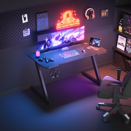 JUMMICO JUMMCO Gaming-Tisch, Gaming-Tisch mit Becherhalter und Headset-Halter, 2 professionelle Kabelführungslöcher, Tischplatte aus Kohlefaser, hochwertiges schwarzes Metallgestell 120x60 cm Bild 2