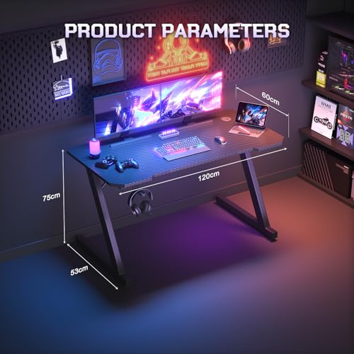 JUMMICO JUMMCO Gaming-Tisch, Gaming-Tisch mit Becherhalter und Headset-Halter, 2 professionelle Kabelführungslöcher, Tischplatte aus Kohlefaser, hochwertiges schwarzes Metallgestell 120x60 cm Bild 3
