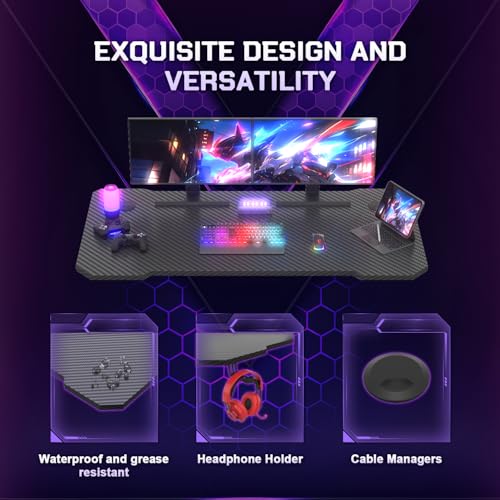 JUMMICO JUMMCO Gaming-Tisch, Gaming-Tisch mit Becherhalter und Headset-Halter, 2 professionelle Kabelführungslöcher, Tischplatte aus Kohlefaser, hochwertiges schwarzes Metallgestell 120x60 cm Bild 4