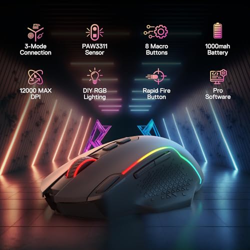 Redragon M810 MAX 3-Modus-Funk-Gaming-Maus, 12000 DPI kabelgebundene/kabellose RGB-Maus mit Schnellfeuer-Taste, 8 Makro-Tasten, 188 Stunden zuverlässige Akkulaufzeit für PC/Mac/Laptop Bild 2