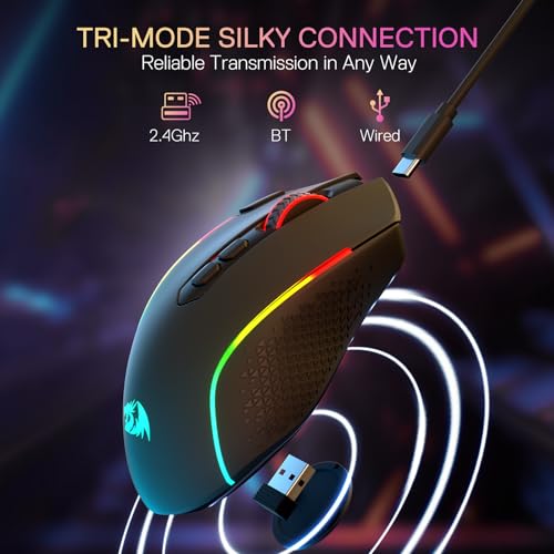 Redragon M810 MAX 3-Modus-Funk-Gaming-Maus, 12000 DPI kabelgebundene/kabellose RGB-Maus mit Schnellfeuer-Taste, 8 Makro-Tasten, 188 Stunden zuverlässige Akkulaufzeit für PC/Mac/Laptop Bild 3