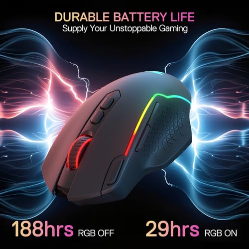 Redragon M810 MAX 3-Modus-Funk-Gaming-Maus, 12000 DPI kabelgebundene/kabellose RGB-Maus mit Schnellfeuer-Taste, 8 Makro-Tasten, 188 Stunden zuverlässige Akkulaufzeit für PC/Mac/Laptop Bild 5