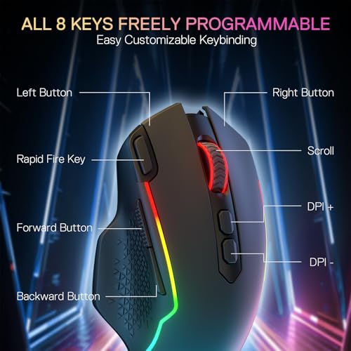 Redragon M810 MAX 3-Modus-Funk-Gaming-Maus, 12000 DPI kabelgebundene/kabellose RGB-Maus mit Schnellfeuer-Taste, 8 Makro-Tasten, 188 Stunden zuverlässige Akkulaufzeit für PC/Mac/Laptop Bild 6