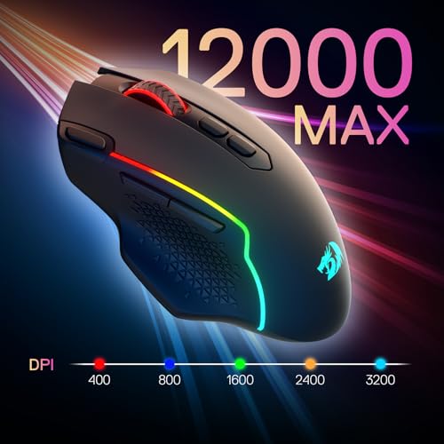 Redragon M810 MAX 3-Modus-Funk-Gaming-Maus, 12000 DPI kabelgebundene/kabellose RGB-Maus mit Schnellfeuer-Taste, 8 Makro-Tasten, 188 Stunden zuverlässige Akkulaufzeit für PC/Mac/Laptop Bild 7