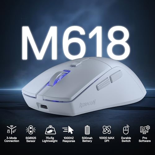 Redragon M618 LIT kabellose Gaming-Maus, optische ergonomische Maus mit 10.000 DPI und 6 programmierbaren Tasten, Ultraleicht mit 70g, Software unterstützt DIY-Tastenbelegungen Bild 2