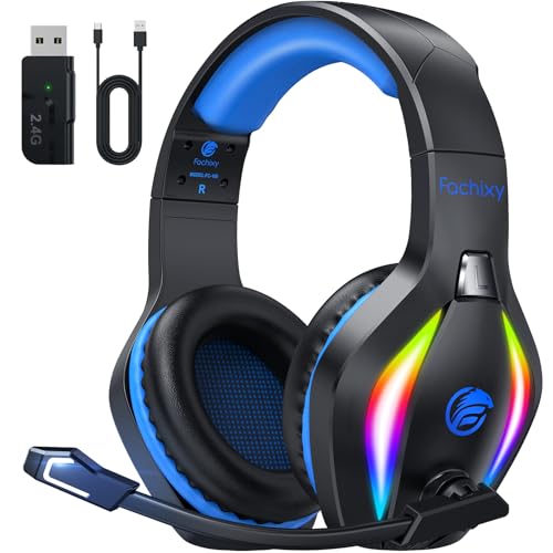 Fachixy FC100 Headset mit Mikrofon, 2,4G Wireless Gaming Headset für PS5, PS4, PC, Switch, Mac, Surround Sound Bluetooth Gaming Kopfhörer kabellos mit LED Licht, Über 50 Stunden Akkulaufzeit Bild 1