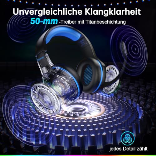 Fachixy FC100 Headset mit Mikrofon, 2,4G Wireless Gaming Headset für PS5, PS4, PC, Switch, Mac, Surround Sound Bluetooth Gaming Kopfhörer kabellos mit LED Licht, Über 50 Stunden Akkulaufzeit Bild 2